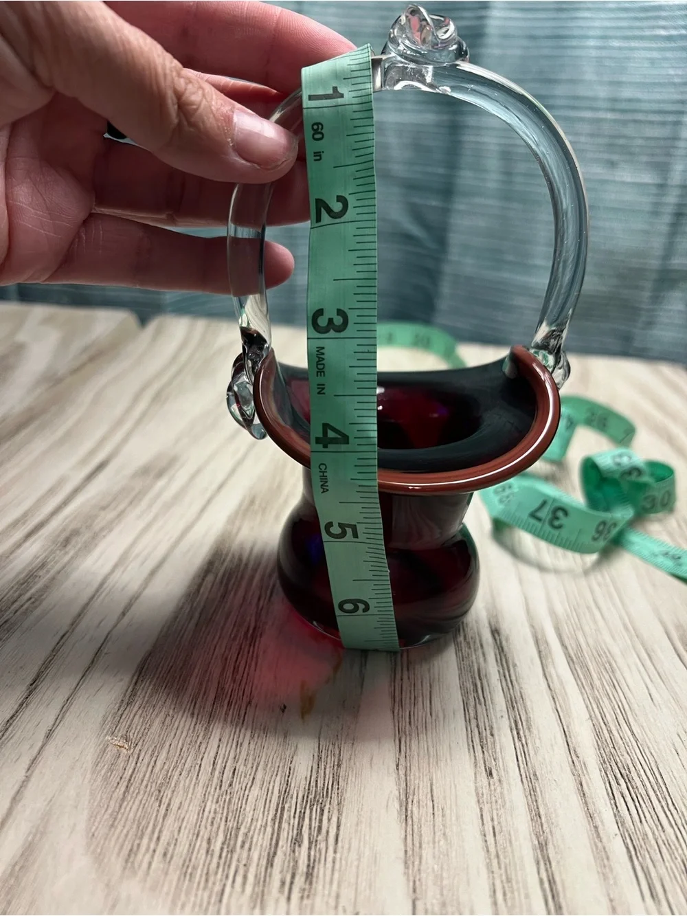 Hand Blown Ruby Red Art Glass Basket Clear Handle Decorative Bowl Vase